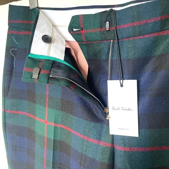 Paul Smith Wool Tartan Pant Womens 10/46 Blue Green Tapered Slim Tailored Fall - Picture 8 of 10